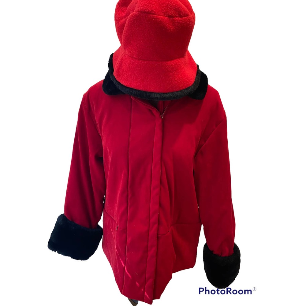 Jones of New York Red Jacket with black faux fur and matching hat size 14